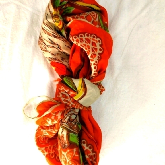 𝅺VTG 20s Antique ORANGE Ladies print scarf -- as is with flaws & torn - Picture 9 of 12